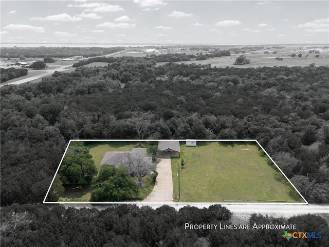 7031 Steinbeck Bend Dr, Waco, TX 76708 - aerial view of property and surrounding area featuring a heavily wooded area and property boundaries highlighted