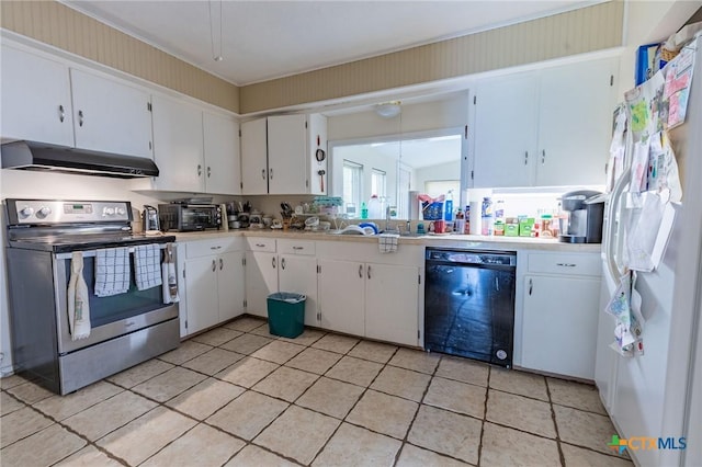 216 Prospect St, Seguin, TX 78155 - kitchen featuring dishwasher, light countertops, stainless steel range with electric stovetop, white cabinetry, and under cabinet range hood