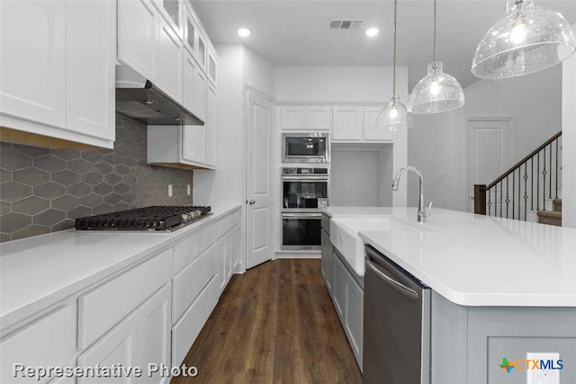 kitchen with white cabinets, stainless steel appliances, extractor fan, and a kitchen island with sink