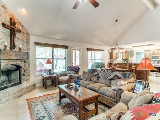 1777 Crossbow Dr, Canyon Lake, TX 78133 - living room with a brick fireplace, light tile patterned flooring, ceiling fan, and vaulted ceiling