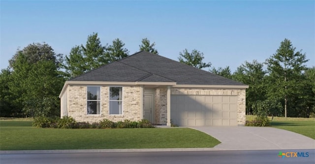 single story home featuring a garage and a front yard