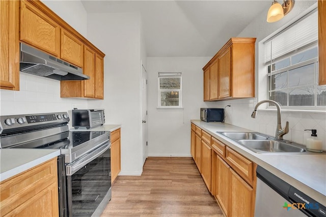 kitchen with backsplash, sink, light wood-type flooring, appliances with stainless steel finishes, and extractor fan