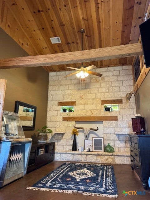 living area featuring wood ceiling, beamed ceiling, a ceiling fan, and visible vents