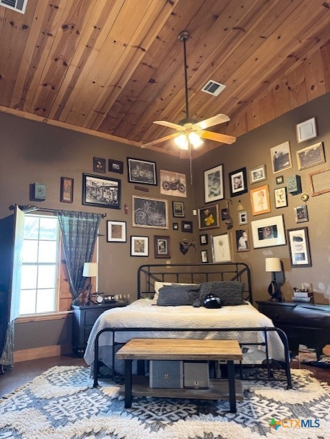 bedroom with vaulted ceiling, wood ceiling, visible vents, and baseboards