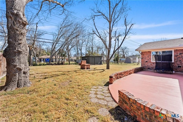 view of yard with a patio area, a storage unit, and an outbuilding