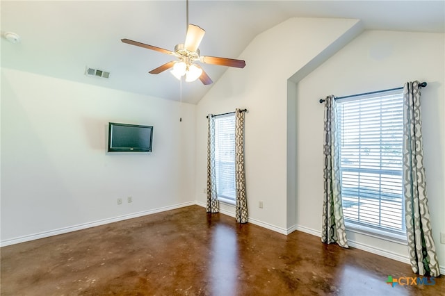 unfurnished room with lofted ceiling and ceiling fan