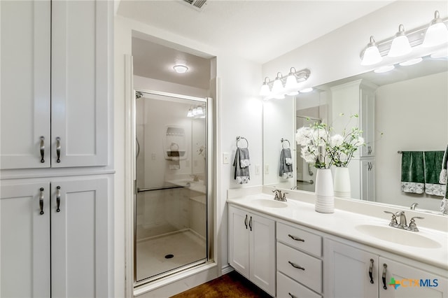 bathroom with walk in shower and vanity