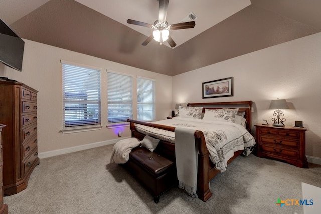 bedroom with lofted ceiling, light carpet, and ceiling fan