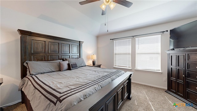 1519 Merritt St, Temple, TX 76504 - bedroom featuring light colored carpet, baseboards, lofted ceiling, and ceiling fan