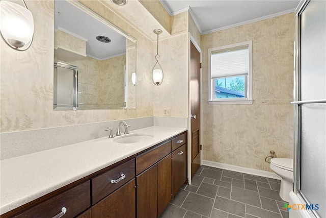 517 Cherokee Dr, Temple, TX 76504 - full bathroom with toilet, baseboards, wallpapered walls, crown molding, and vanity