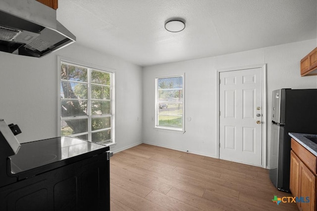 1408 Mulford St, Killeen, TX 76541 - kitchen featuring ventilation hood, freestanding refrigerator, light wood finished floors, and healthy amount of natural light