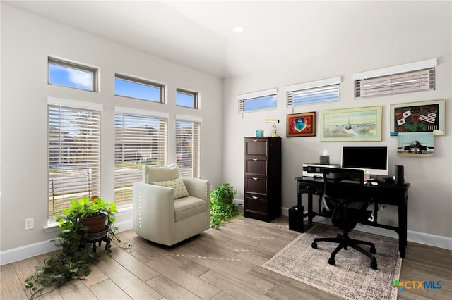 home office featuring light hardwood / wood-style floors