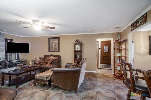 living room with ceiling fan and crown molding