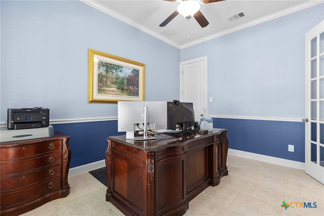 office space with light tile patterned flooring, visible vents, crown molding, and ceiling fan
