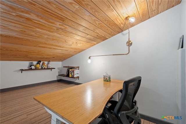 office space with wooden ceiling, vaulted ceiling, baseboards, and wood finished floors