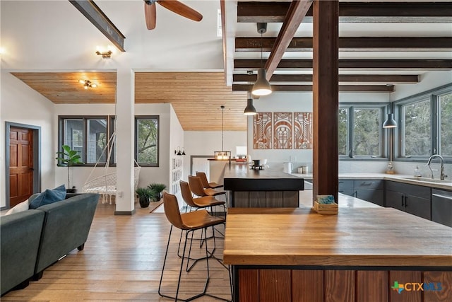 interior space featuring light wood-style floors, wood ceiling, plenty of natural light, and lofted ceiling with beams