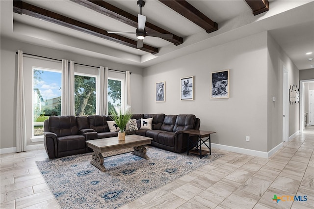 living room with beamed ceiling and ceiling fan