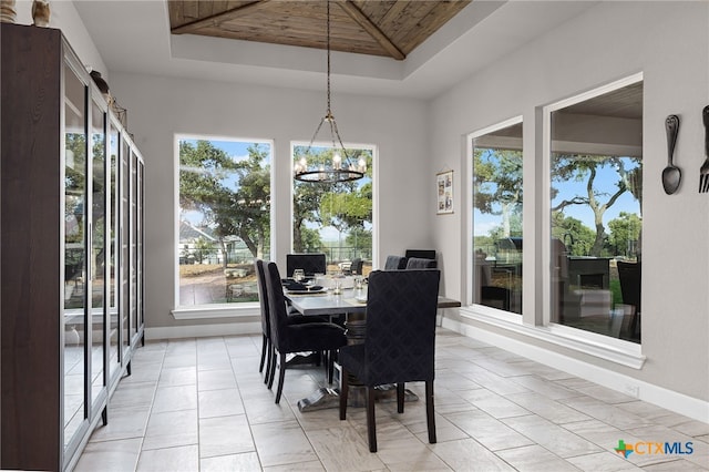 dining room featuring a chandelier, plenty of natural light, a raised ceiling, and wood ceiling