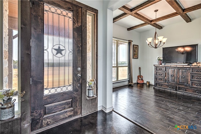 entrance foyer with coffered ceiling, wood-type flooring, a notable chandelier, and beamed ceiling