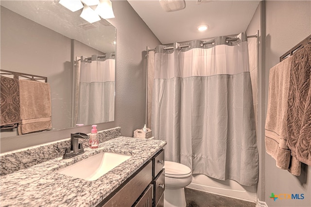 full bathroom with vanity, toilet, and shower / bathtub combination with curtain