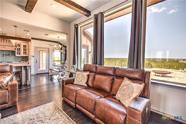 living room featuring dark hardwood / wood-style flooring, beam ceiling, and plenty of natural light