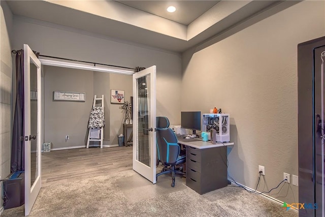 office with recessed lighting, baseboards, french doors, and wood finished floors