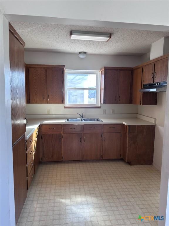 kitchen with under cabinet range hood, light floors, light countertops, and a sink