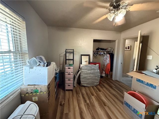 bedroom with hardwood / wood-style floors, ceiling fan, and a closet