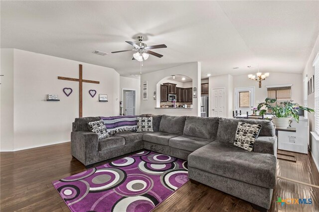 853 Hobby Rd, Copperas Cove, TX 76522 - living room with a chandelier, wood-type flooring, a ceiling fan, vaulted ceiling, and baseboards