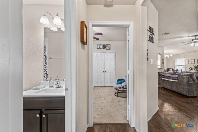 853 Hobby Rd, Copperas Cove, TX 76522 - bathroom with a ceiling fan, vanity, wood finished floors, and a textured wall
