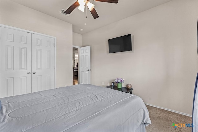 853 Hobby Rd, Copperas Cove, TX 76522 - bedroom featuring carpet floors, a closet, baseboards, and a ceiling fan