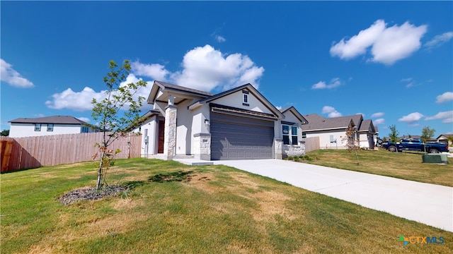 ranch-style home featuring a garage, concrete driveway, stone siding, fence, and a front yard