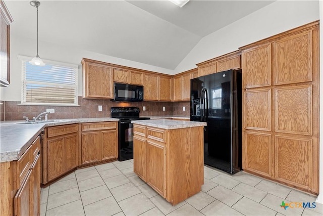 3511 Llano Estacado Ct, Killeen, TX 76549 - kitchen with black appliances, a sink, lofted ceiling, a kitchen island, and tasteful backsplash
