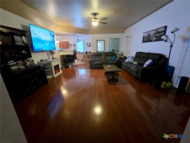 living room featuring hardwood / wood-style floors and ceiling fan