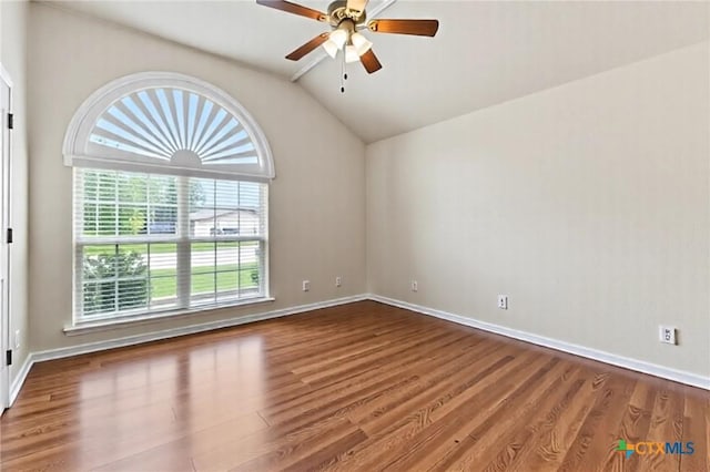 2034 Falling Leaf Ln, Harker Heights, TX 76548 - spare room with baseboards, ceiling fan, vaulted ceiling, and wood finished floors