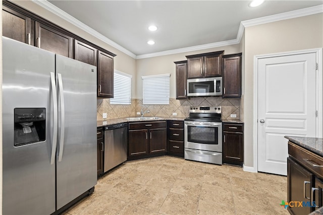 kitchen with stainless steel appliances, dark stone countertops, decorative backsplash, and dark brown cabinetry