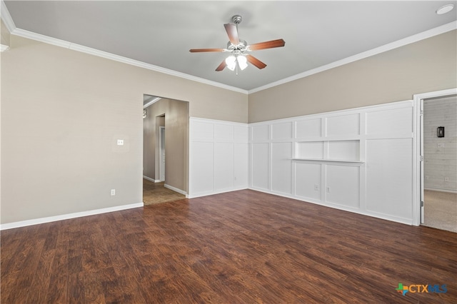 unfurnished room featuring ceiling fan, dark wood-type flooring, and crown molding