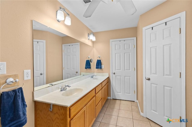 bathroom featuring tile patterned flooring, vanity, and ceiling fan