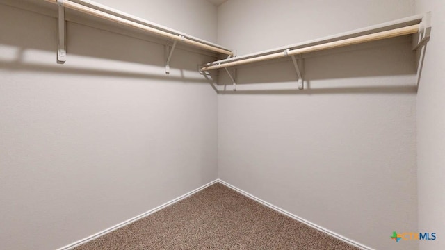 walk in closet featuring dark colored carpet