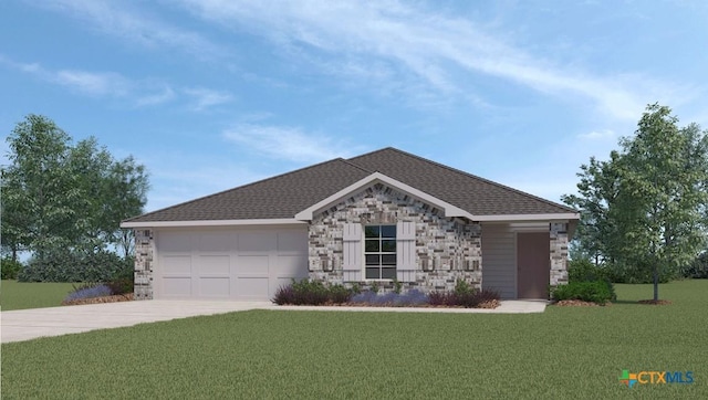 ranch-style home with a shingled roof, concrete driveway, a front yard, a garage, and stone siding