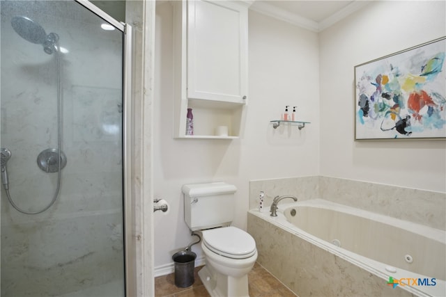 bathroom featuring tile patterned floors, toilet, crown molding, and plus walk in shower