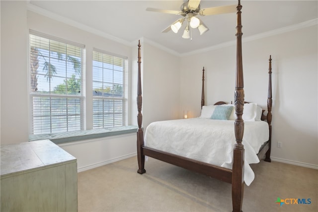 bedroom with light carpet, ceiling fan, and ornamental molding