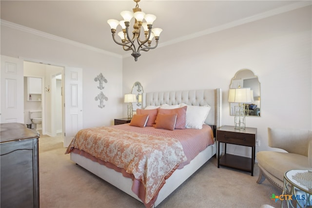 carpeted bedroom featuring a chandelier and ornamental molding