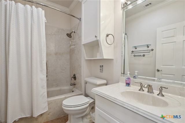 full bathroom featuring shower / bath combo, vanity, toilet, and ornamental molding