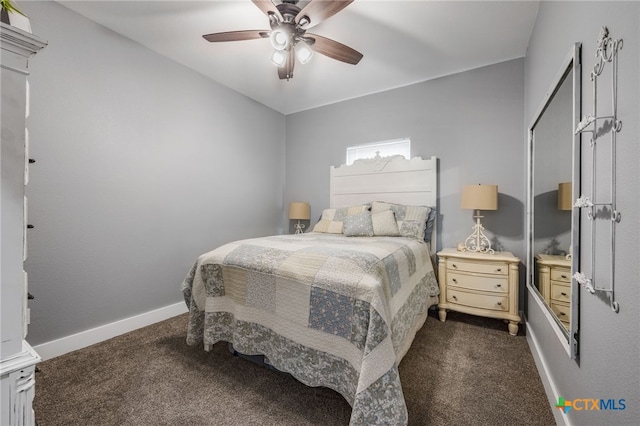 bedroom featuring ceiling fan and dark carpet