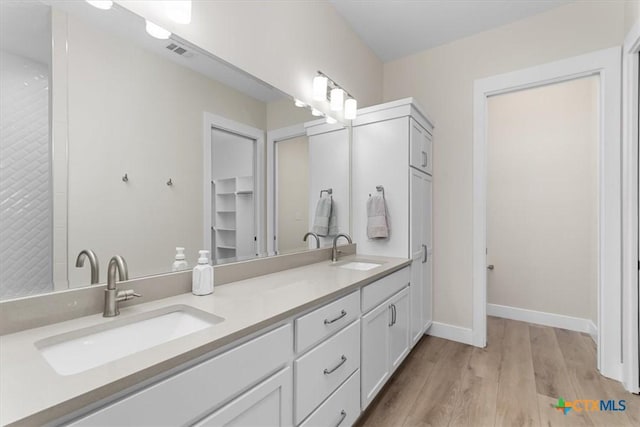 bathroom featuring vanity and hardwood / wood-style floors