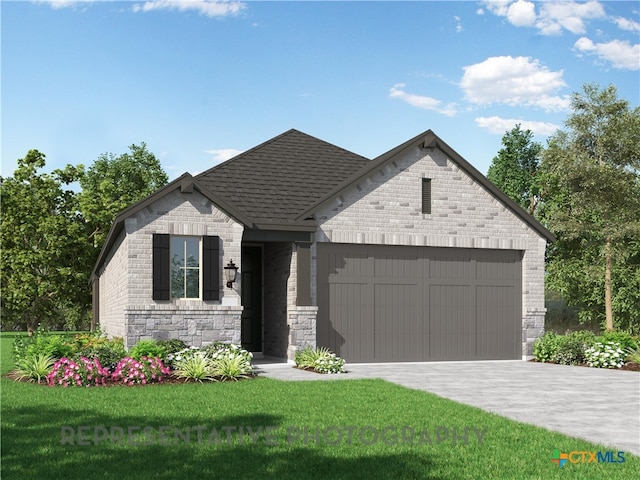 view of front facade with a garage, brick siding, a front lawn, and a shingled roof