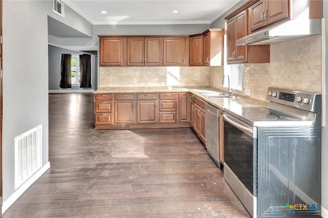 214 Hubbard St, Yoakum, TX 77995 - kitchen featuring stainless steel appliances, a sink, ornamental molding, dark wood finished floors, and healthy amount of natural light
