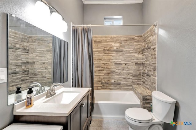 214 Hubbard St, Yoakum, TX 77995 - bathroom featuring toilet, vanity, shower / bath combo, and ornamental molding