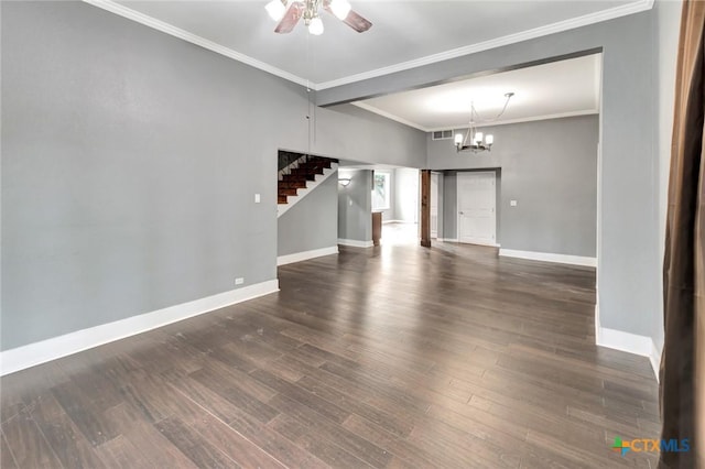 214 Hubbard St, Yoakum, TX 77995 - unfurnished living room featuring stairs, crown molding, baseboards, a chandelier, and ceiling fan